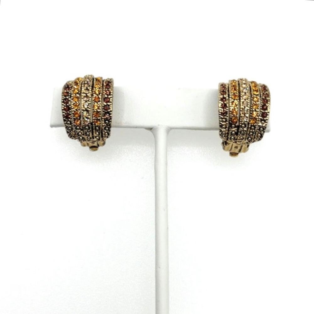 3cm Long Retro Clip On Earrings Yellow and Orange Rhinestones